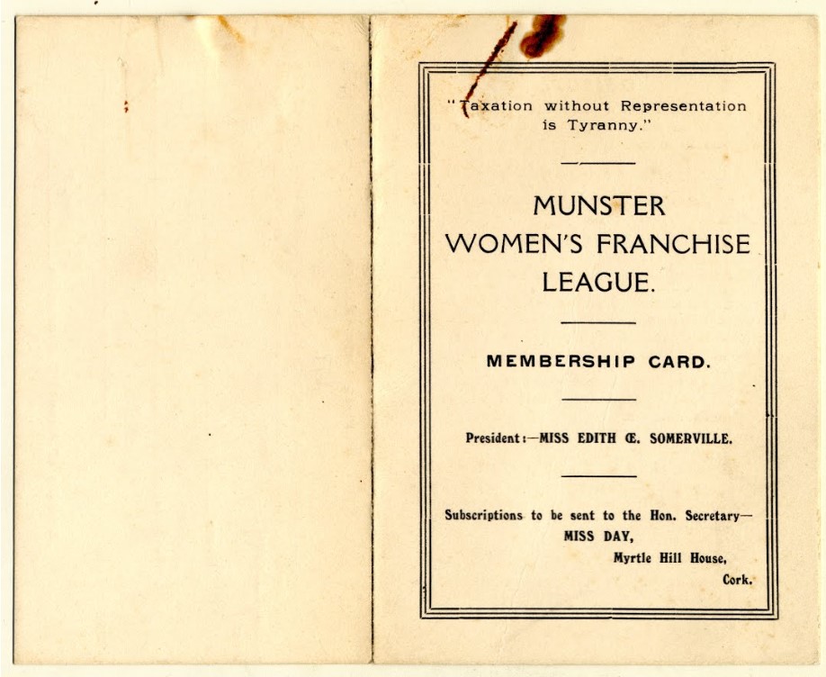 Edith Somerville: Edith Somerville’s membership card, Munster Women’s Franchise League, 1940s, Special Collections Queen’s University, Belfast, Ireland.
