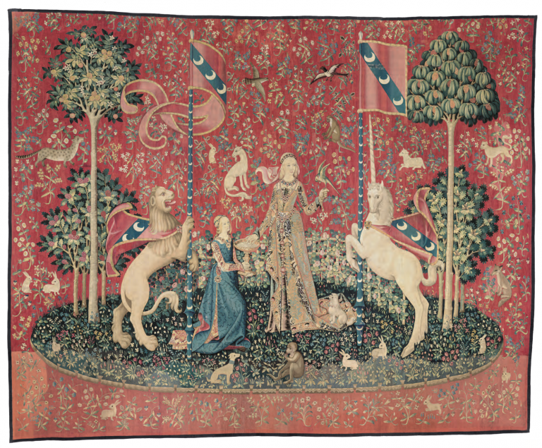 famous tapestries: Taste from The Lady and the Unicorn Tapestries, ca. 1500, Museé de Cluny, Paris, France.
