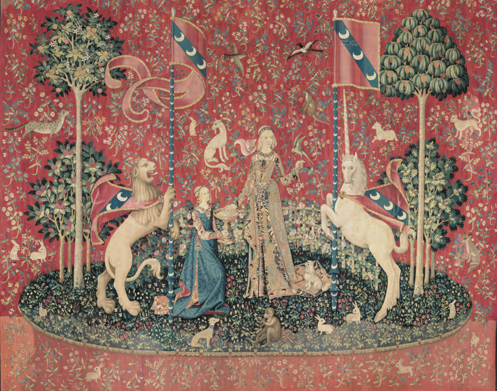 famous tapestries: Taste from The Lady and the Unicorn Tapestries, ca. 1500, Museé de Cluny, Paris, France.
