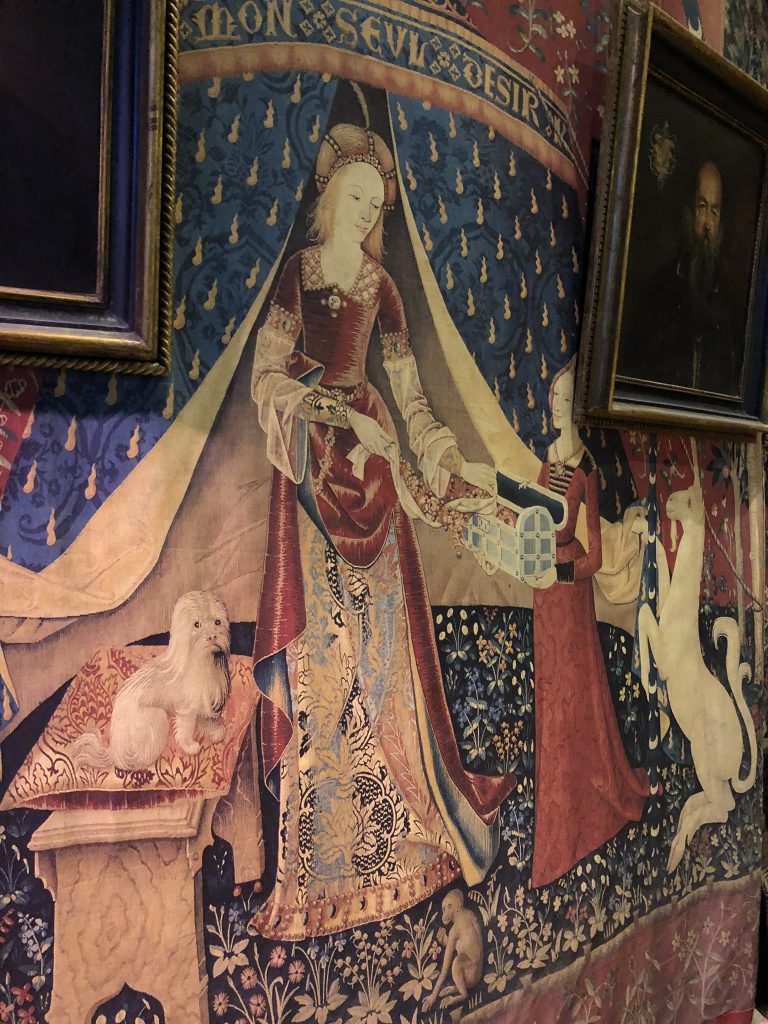 Lady and the Unicorn tapestries: Image of the Gryffindor common room set, featuring the replica of To My Only Desire from The Lady and the Unicorn Tapestries,  Warner Bros. Studio, UK. Photographed by Nicole Kearney.
