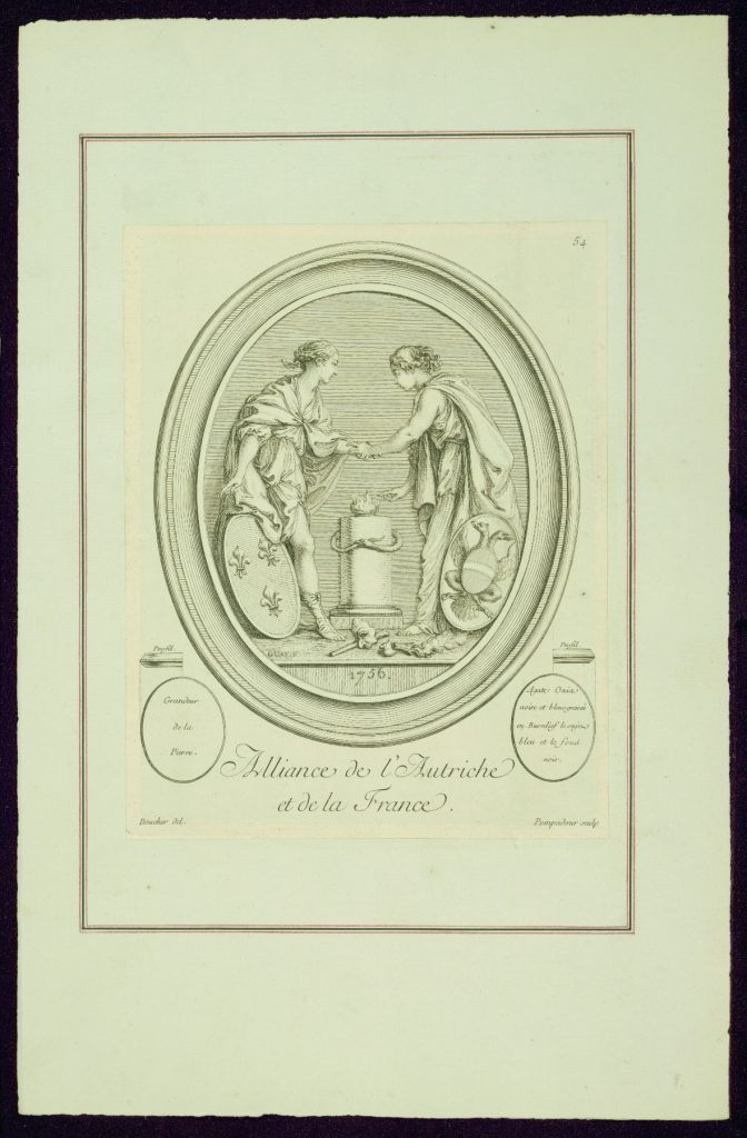 Madame de Pompadour artist: Jeanne Antoinette Poisson, Marquise de Pompadour, Alliance of Austria and France, c. 1756, The Walters Art Museum, Baltimore, MA, USA. Museum’s website.

