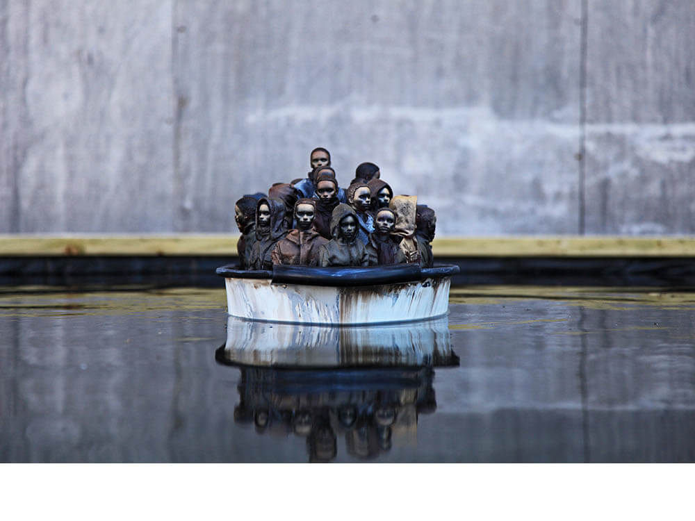 banksy refugees: Banksy, Refugee Boat, 2015, Dismaland, Weston-super-Mare, Somerset, UK. Artist’s website.
