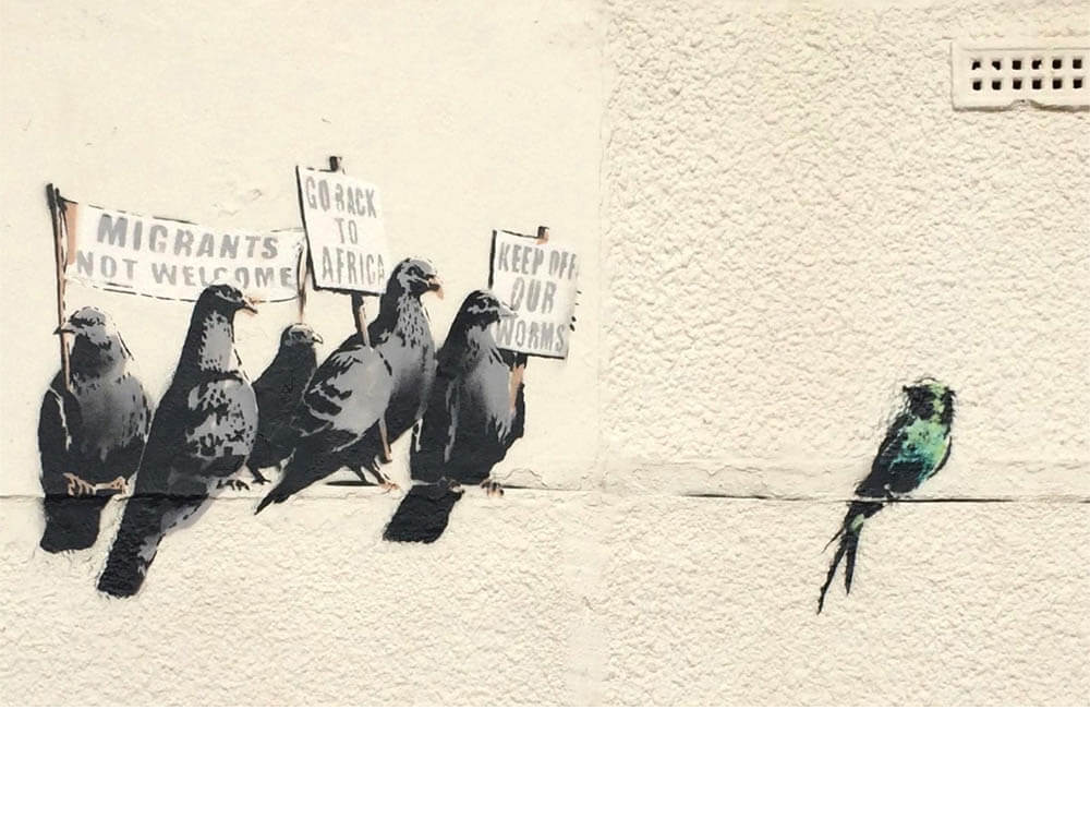 Banksy, Anti-immigration birds, 2014, Clacton-on-Sea, Essex, England.