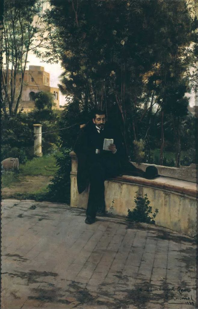 Rusiñol's depiction of Mr. Quer reading in a garden while seated.