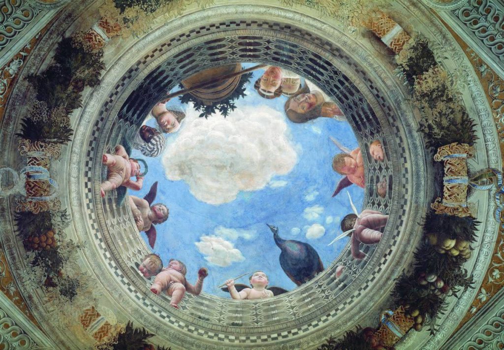 Trompe l'oeil: Andrea Mantegna, Camera degli Sposi: Ceiling Oculus, ca. 1474, Palazzo Ducale, Mantua, Italy.
