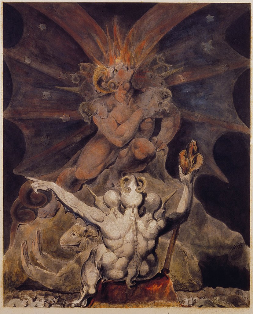 William Blake red dragon: William Blake, The Number of the Beast is 666, 1805, Rosenbach Museum, Philadelphia, PA, USA.
