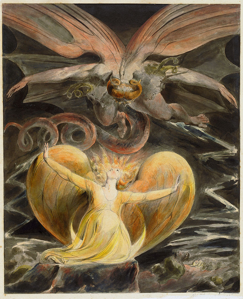 William Blake red dragon: William Blake, The Great Red Dragon and the Woman Clothed in Sun, 1805, National Gallery of Art, Washington, DC, USA.