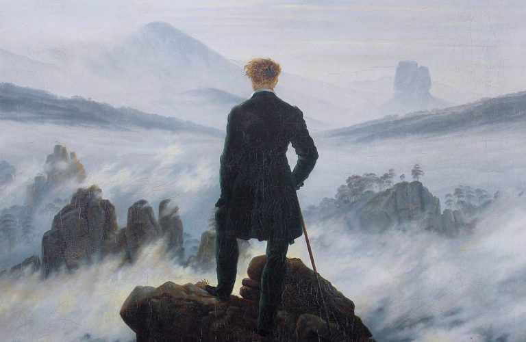 Caspar David Friedrich works: Caspar David Friedrich, The Wanderer Above the Sea of Fog, 1817-1818, Hamburger Kunsthalle, Hamburg, Germany. Detail.
