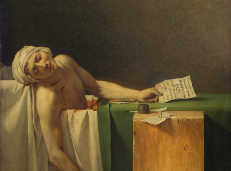 Murder in art: Jacques-Louis David, The Death of Marat, 1793, Royal Museums of Fine Art of Belgium, Brussels, Belgium. Detail.
