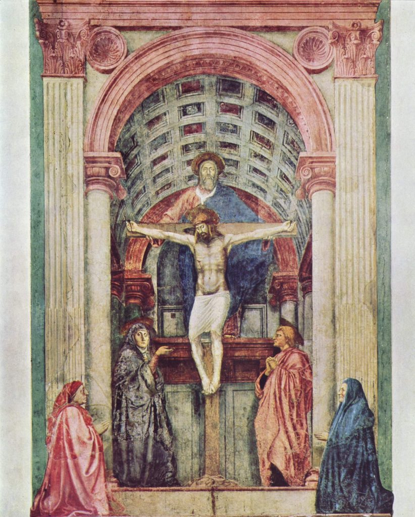 trompe loeil: Masaccio, Holy Trinity, 1427, Basillica of Santa Maria Novella, Florence, Italy.