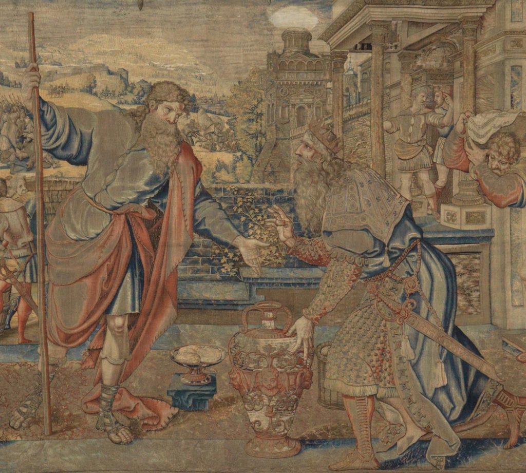 Design attributed to Pieter Coecke van Aelst, woven by Willem de Pannemaker, The Meeting of Abraham and Melchizedek, from the Story of Abraham series, ca. 1540- 1543, Hampton Court Palace, London, UK. Detail.