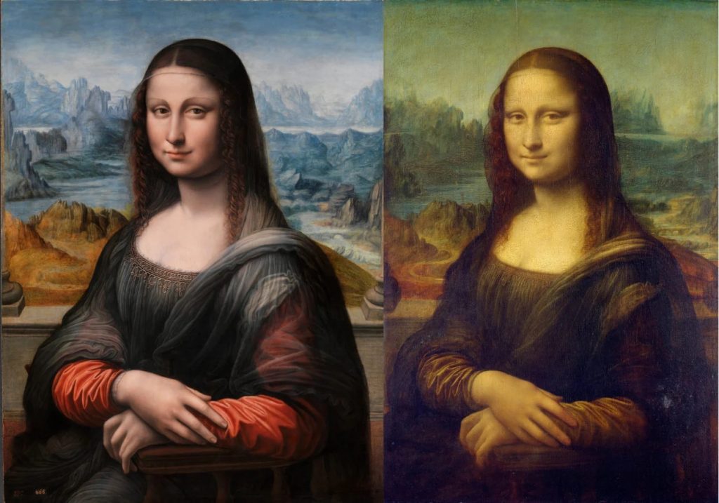 Mona Lisa Leonardo: Left: Workshop of Leonardo da Vinci, The Mona Lisa, 1507-1516, Museo del Prado, Madrid, Spain; Right: Leonardo da Vinci, Portrait of Mona Lisa del Giocondo, 1503-1506, Louvre, Paris, France.
