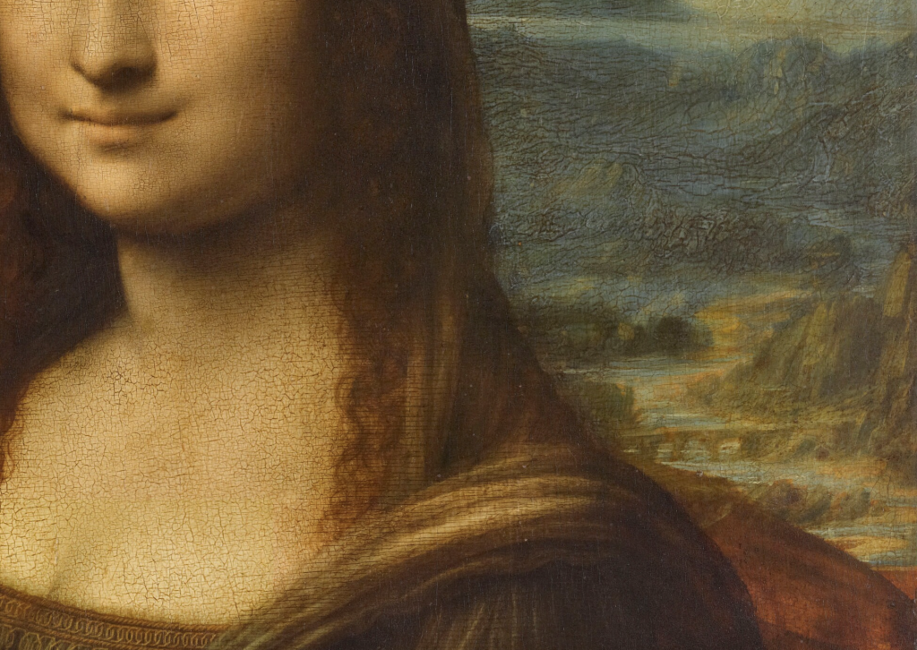 Mona Lisa Leonardo: Leonardo da Vinci, Portrait of Mona Lisa del Giocondo, 1503-1506, Louvre, Paris, France, Detail.
