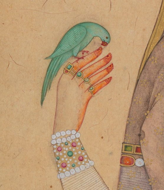 henna in Indian paintings: A Bejewelled Maiden with a Parakeetca, 1670–1700, opaque watercolor and gold on paper, Gift of Cynthia Hazen Polsky, 2011, The Metropolitan Museum of Art, New York, NY, USA. Detail.
