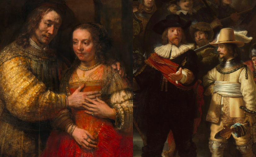 rembrandt two african men: Left: Rembrandt van Rijn, The Jewish Bride (also known as Isaac and Rebecca), c. 1665–c. 1669, Rijksmuseum, Amsterdam, Netherlands. Detail; Right: The Night Watch, 1642, Rijksmuseum, Amsterdam, Netherlands. Detail.

