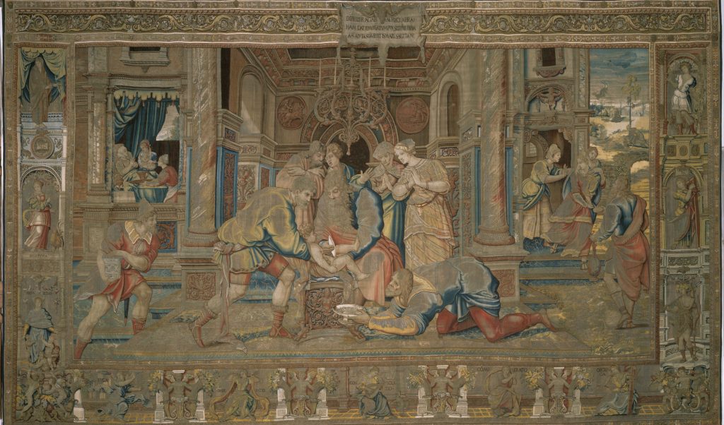 Abraham Tapestries: Design attributed to Pieter Coecke van Aelst, woven by Willem de Pannemaker, The Circumcision of Isaac and the Expulsion of Hagar, from the Story of Abraham series, ca. 1540- 1543, Hampton Court Palace, London, UK.
