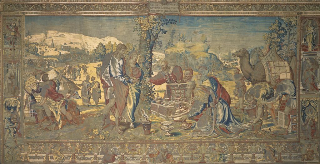 Abraham Tapestries: Design attributed to Pieter Coecke van Aelst, woven by Willem de Pannemaker, The Return of Sarah by the Egyptians, from the Story of Abraham series, ca. 1540- 1543, Hampton Court Palace, London, UK.
