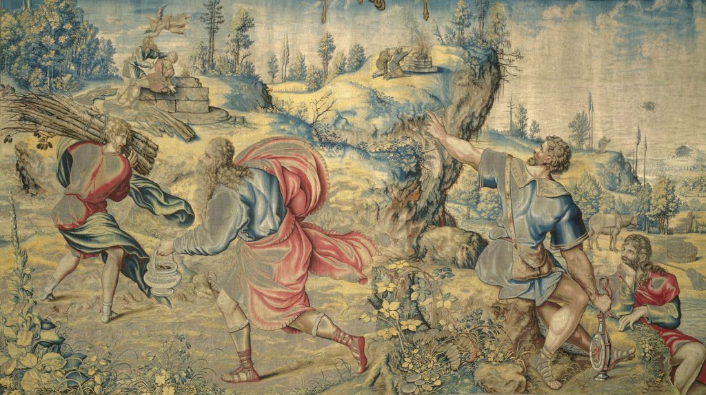Abraham Tapestries: Design attributed to Pieter Coecke van Aelst, woven by Willem de Pannemaker, The Sacrifice of Isaac, from the Story of Abraham series, ca. 1540- 1543, Hampton Court Palace, London, UK. Detail.
