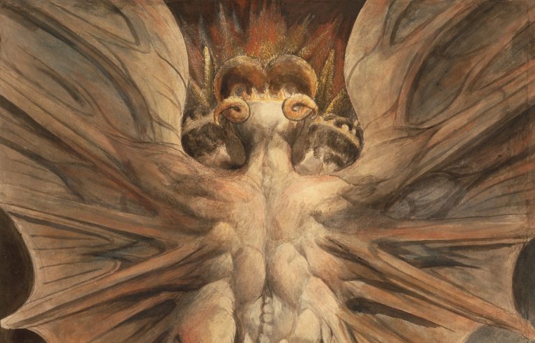 William Blake red dragon: William Blake, The Great Red Dragon and the Woman Clothed in Sun, 1803-1805, Brooklyn Museum, New York City, NY, USA. Detail.
