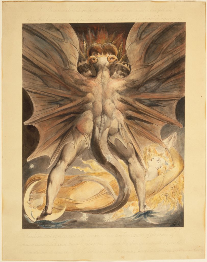 William Blake red dragon: William Blake, The Great Red Dragon and the Woman Clothed in Sun, 1803-1805, Brooklyn Museum, New York, NY, USA.
