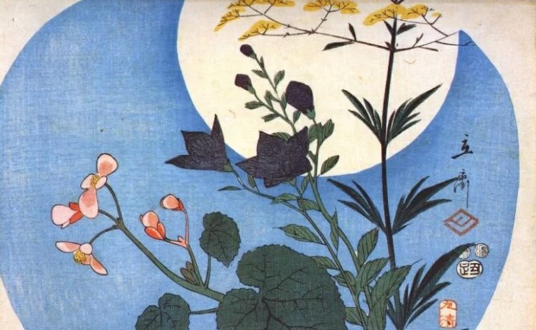 moon japanese prints: Utagawa Hiroshige, Autumn flowers in front of full moon, 1853. Wikiart. Detail.
