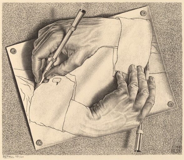 Trompe l'oeil: M.C. Escher, Drawing Hands, 1948, National Gallery of Art, Washington DC, USA.
