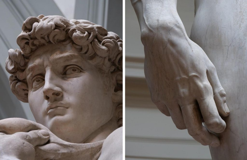 David Michelangelo: Michelangelo, David, details of face and hand, 1501–1504, Galleria dell’Accademia, Florence, Italy. Photographs by Jörg Bittner Unna via Wikimedia Commons (CC BY-SA 4.0).
