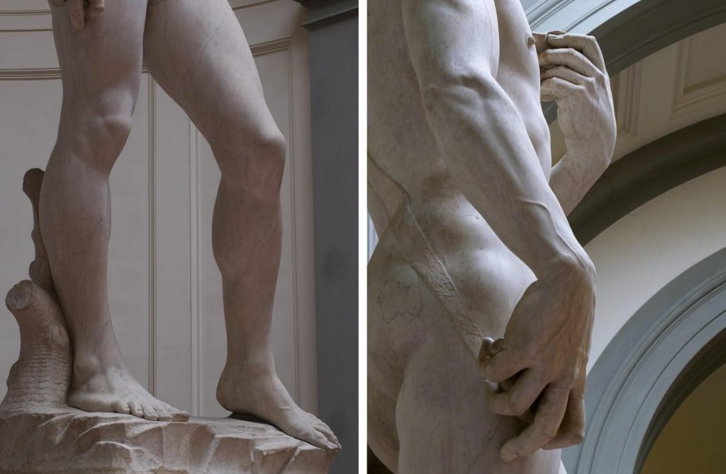 David Michelangelo: Michelangelo, David, 1501–1504, details of legs and arms, Galleria dell’Accademia, Florence, Italy. Photograph by Jörg Bittner Unna via Wikimedia Commons (CC BY-SA 4.0).
