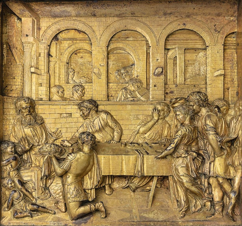 Donatello exhibition: Donatello, Feast of Herod, c. 1427, Baptistery of Siena Cathedral, Siena, Italy.
