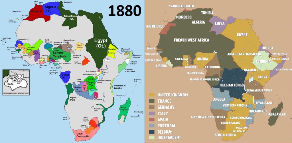 colonial looting: Left: Africa in 1880. Imgur; Right: Colonial Africa on the eve of World War I. Brilliant Maps.
