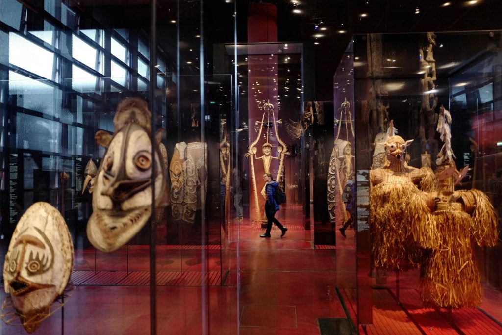 colonial looting: Objects on display at the Musée du quai Branly—Jacques Chirac, Paris, France. Photo by Ludovic Marin/Agence France-Presse. New York Times.
