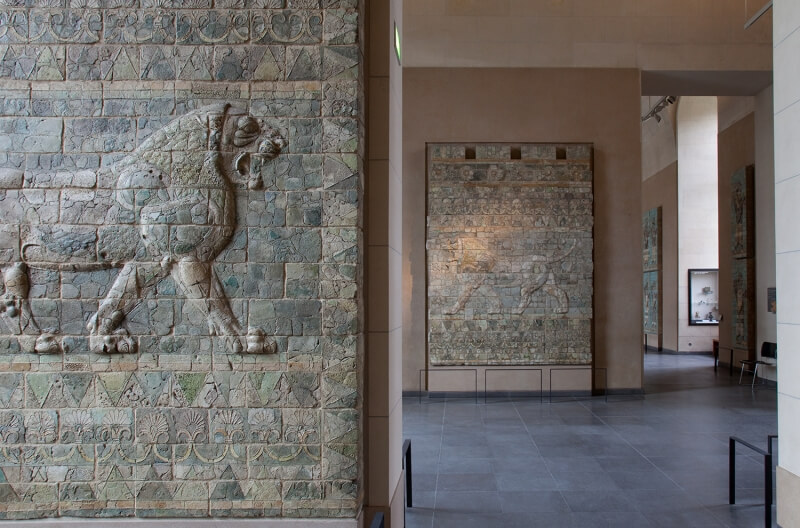 Louvre hidden gems: Polychrome brick decorations, featuring two lions, 522–486 BCE, Louvre, Paris, France.
