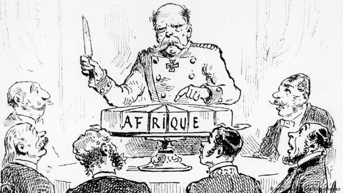 colonial looting: German Chancellor Bismarck Divides the African Continent Among the Colonial Powers, “L’Illustration,”  1885. Wikimedia Commons (public domain).
