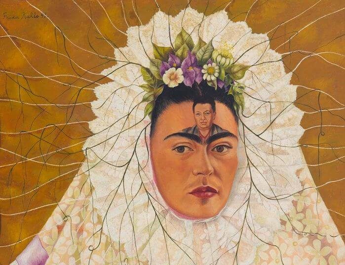 Frida Kahlo symbolism: Frida Kahlo, Diego on My Mind (Self-Portrait as Tehuana), 1943. Ncart Museum. Detail.
