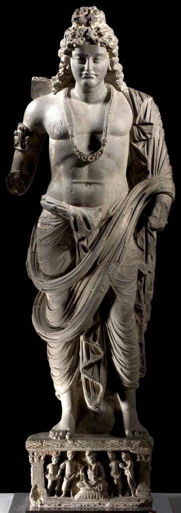 Standing Bodhisattva: Standing Bodhisattva, 3rd century, gray schist stone, Gandhara, Pakistan, National Gallery of Australia, Canberra, Australia.
