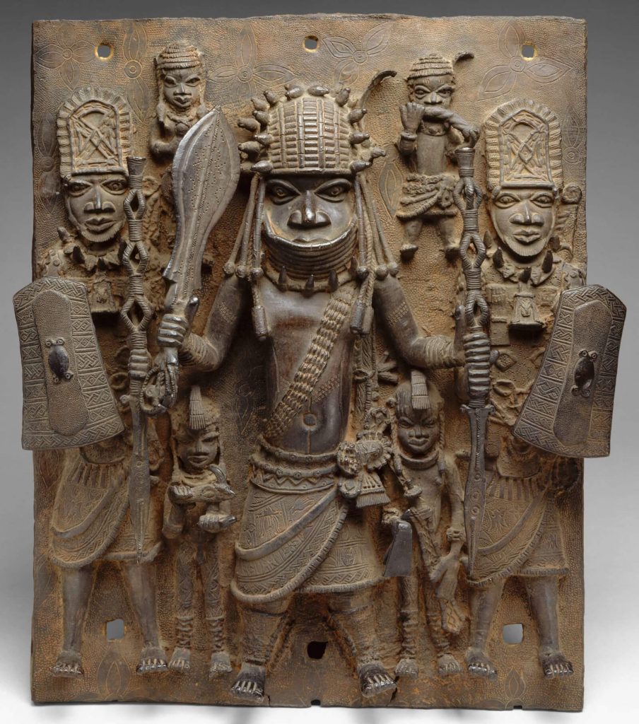 Warrior and Attendants, 16th-17th century, brass, Royal Palace, Benin City, Nigeria, Metropolitan Museum of Art, NYC, USA.