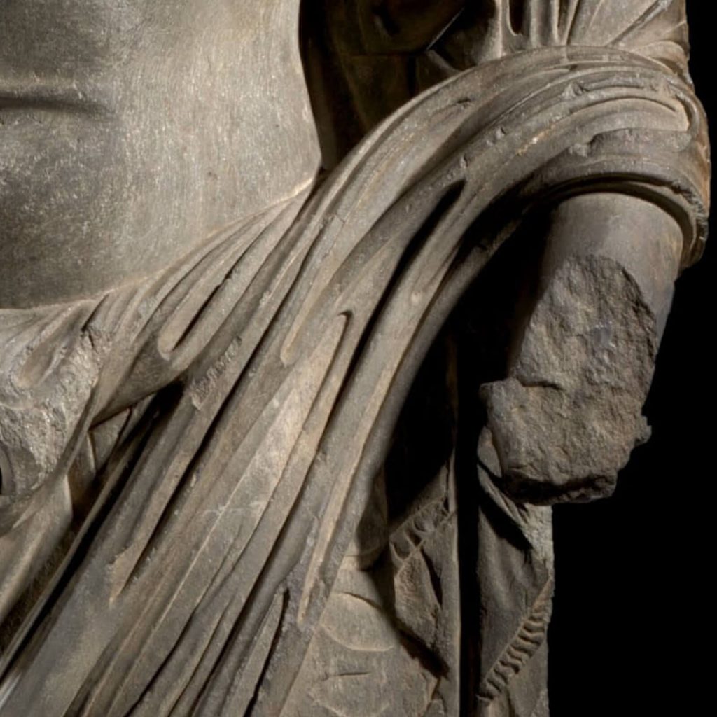 Standing Bodhisattva: Standing Bodhisattva, 3rd century, gray schist stone, Gandhara, Pakistan, National Gallery of Australia, Canberra, Australia. Detail.
