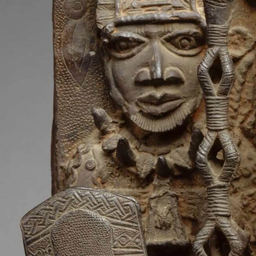 Warrior and Attendants, 16th-17th century, brass, Royal Palace, Benin City, Nigeria, Metropolitan Museum of Art, NYC, USA. Detail.