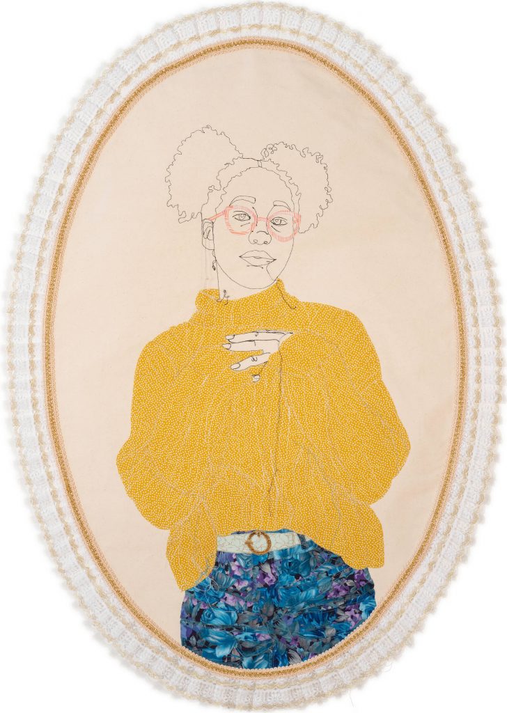 Gio Swaby: Gio Swaby, Going Out Clothes 3, 2020, thread and fabric sewn on canvas, collection of Claire Oliver & Ian Rubinstein. Courtesy of Claire Oliver Gallery.
