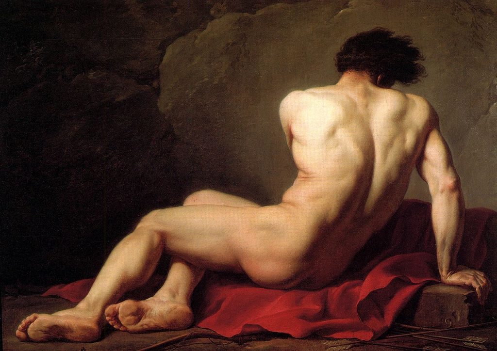 Male Nudes art: Male nudes in art: Jacques Louis David, Male Nude known as Patroclus, 1780, Musee d’Art Thomas Henry, Cherbourg, France.
