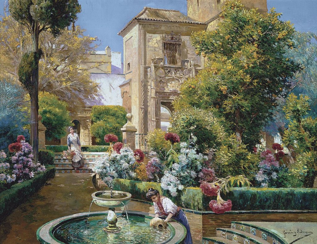 gardens in art: Gardens in art: Manuel Garcia y Rodriguez, The Gardens of Alcázar, Seville, ca. 1920–1935, Carmen Thyssen Museum, Málaga, Spain.
