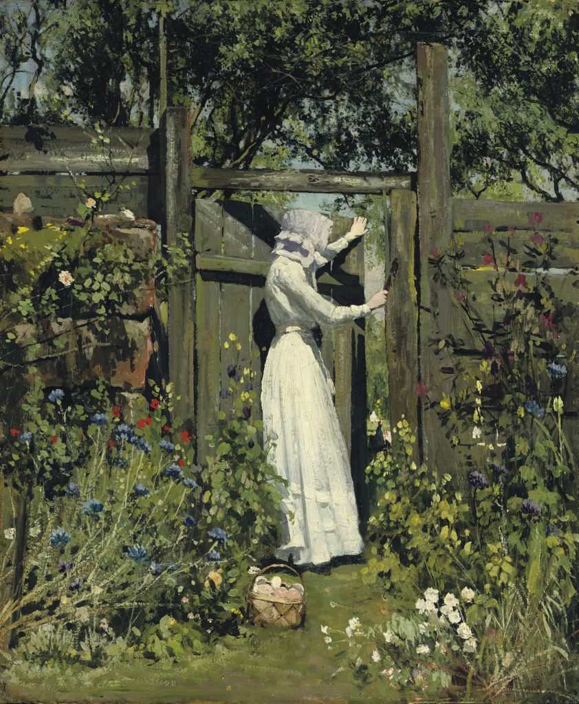 gardens in painting: William Page Atkinson Wells, The Lilac Sunbonnet, ca, 1872-1923. Christie’s.
