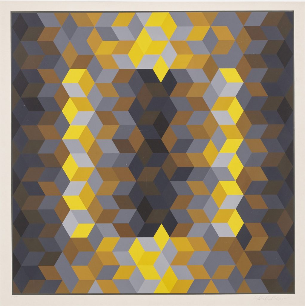 Amish quilts: Victor Vasarely, Hommage à l’Hexagone Lon 7 (Ion 7), 1969, private collection. Artnet. Detail.
