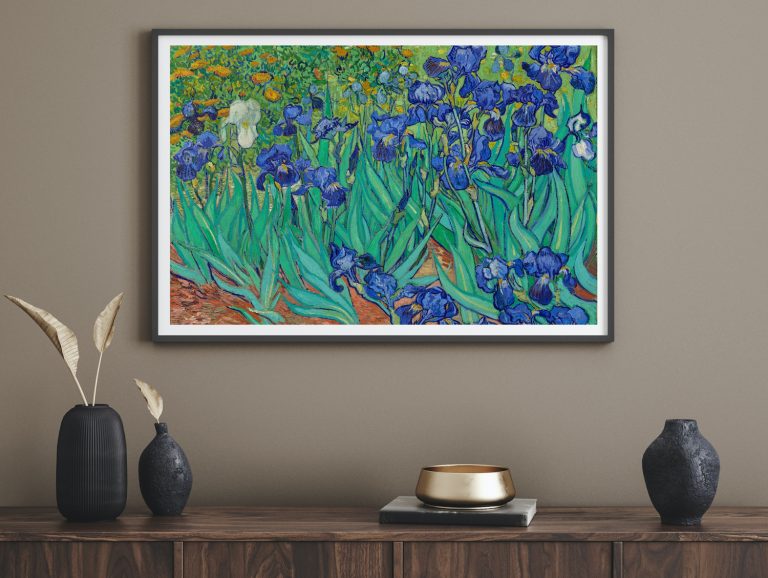 dailyart prints: What if you could hang a masterpiece on your wall?
DailyArt print with Vincent van Gogh’s Irises, 1889, The J. Paul Getty Museum, Los Angeles, CA, USA.
