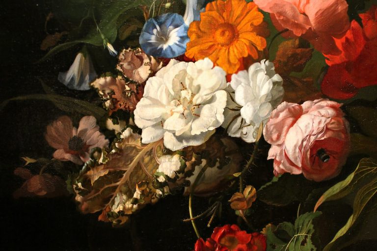 Rachel Ruysch vase with flowers: Rachel Ruysch, Vase with Flowers, 1700, Mauritshuis, The Hague, Netherlands. Detail.

