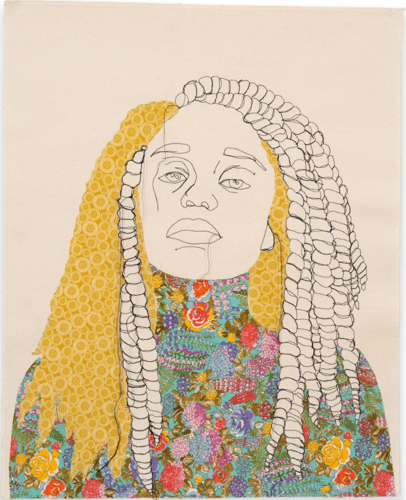 Gio Swaby: Gio Swaby, My Hands Are Clean 4, 2017, thread and fabric sewn on canvas, collection of Claire Oliver and Ian Rubinstein. Courtesy of Claire Oliver Gallery.
