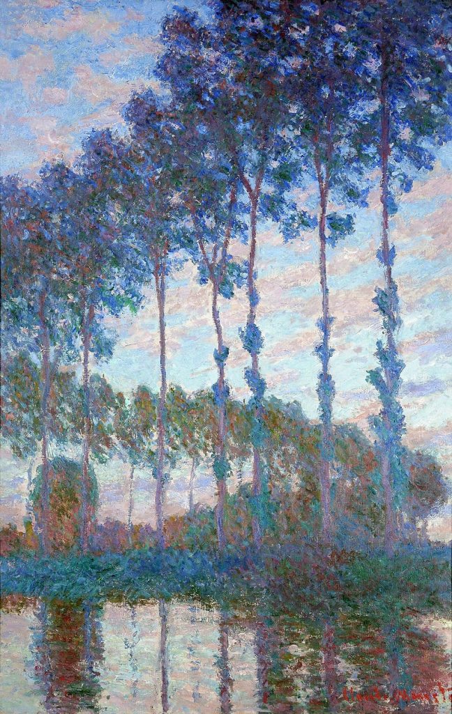 Claude Monet painting: Claude Monet, Poplars on the banks of the river Epte, evening effect, 1891, private collection. Fine Art America.
