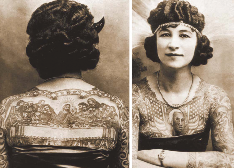 Tattooed ladies: Artoria Gibbons, ca. 1920s, Real Photo Postcard by Empire, Los Angeles, CA, USA.  Schiffmacher Tattoo Heritage via CNN Editions.
