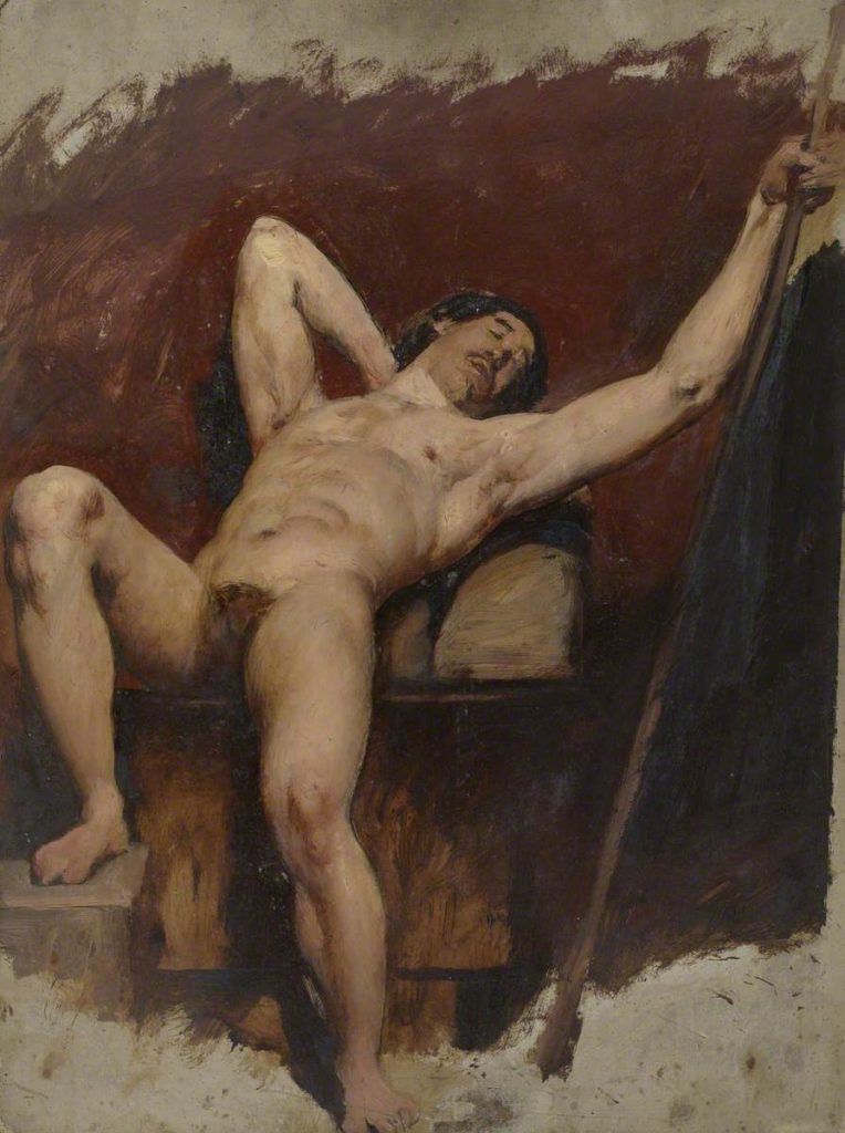 Male Nudes art: Male nudes in art: William Etty, Reclining Male Nude, raised right Knee, 1815-1845, The Samuel Courtauld Trust, The Courtauld Gallery, London, UK.
