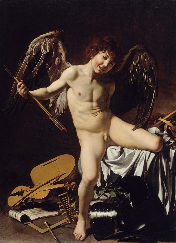 Male Nudes art: Male nudes in art: Caravaggio, Amor Vincit Omnia (Love Conquers All), Victorious Cupid, 1602, Gemaldegalerie SMPK, Berlin, Germany.
